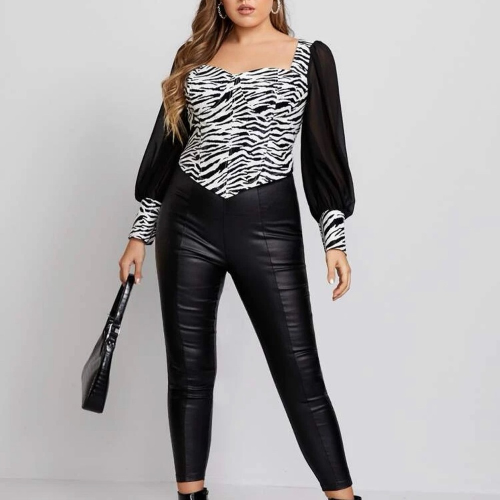 Plus lantern sleeve zebra striped PU leather top never worn Size 0XL